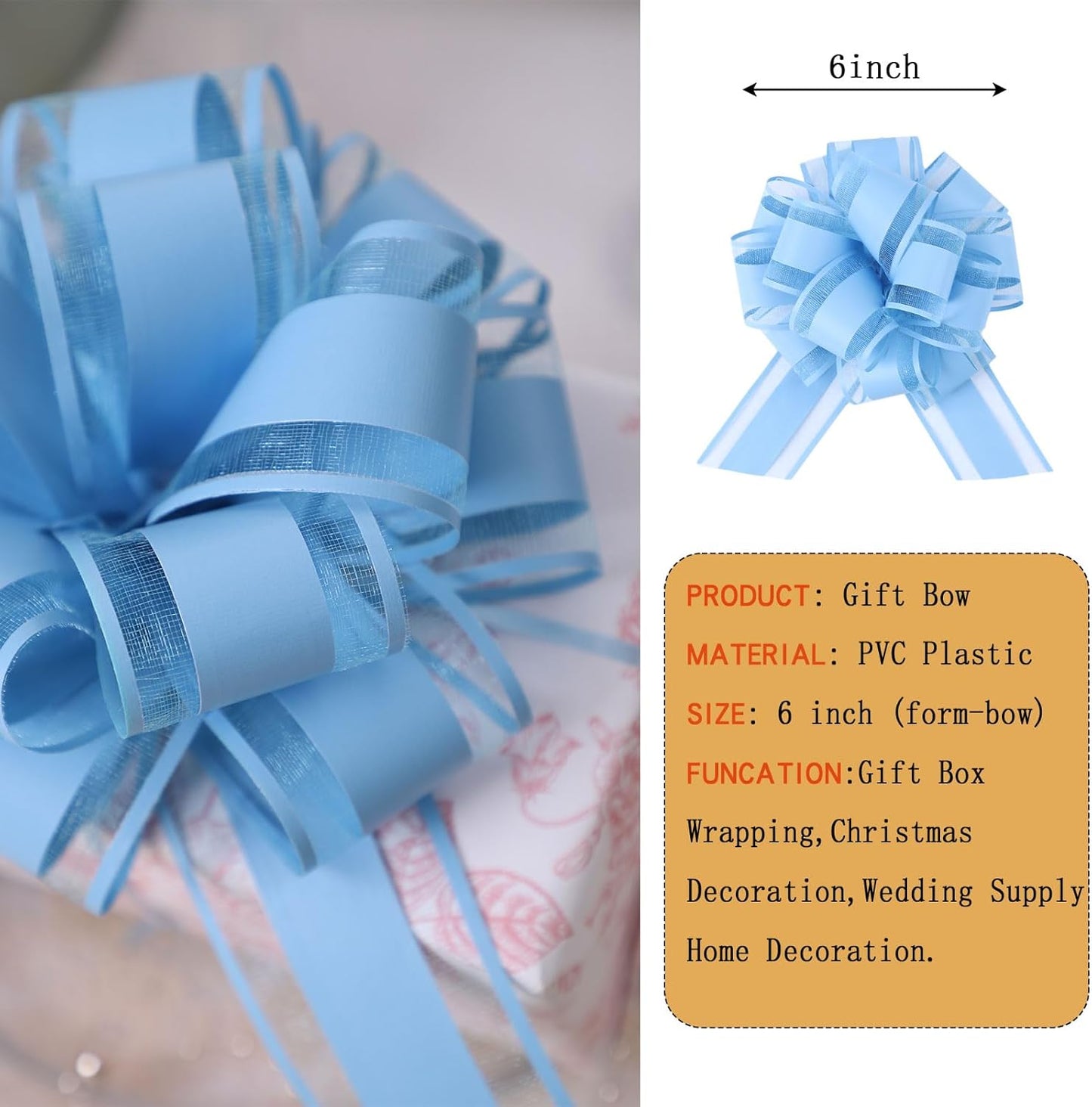 6Pcs 6inch Pull Bow Gift Wrapping,Pull Bow For Gift Basket, Gift Bag Box Wrapping Decor, Valentines Day, Birthday, Anniversary, Wedding, Flower Packaging (Baby Blue)