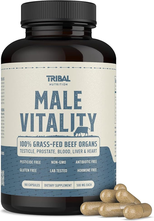 100% Grass Fed Beef Testicle with Prostate, Blood, Liver & Heart - Beef Organ Supplement for Men's Health & Vitality - 3000mg / 30 Servings
