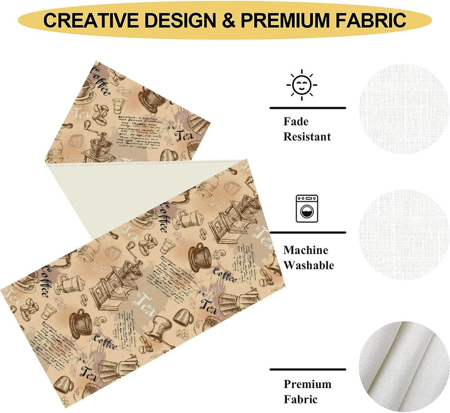 Coffee Theme Table Runner, Rustic Farmhouse Coffee Cup Tea Party Cafe Table Center Decor for Home Kitchen Dining Patio Holiday Party Indoor Outdoor Table Decorations,13"x108" Inch