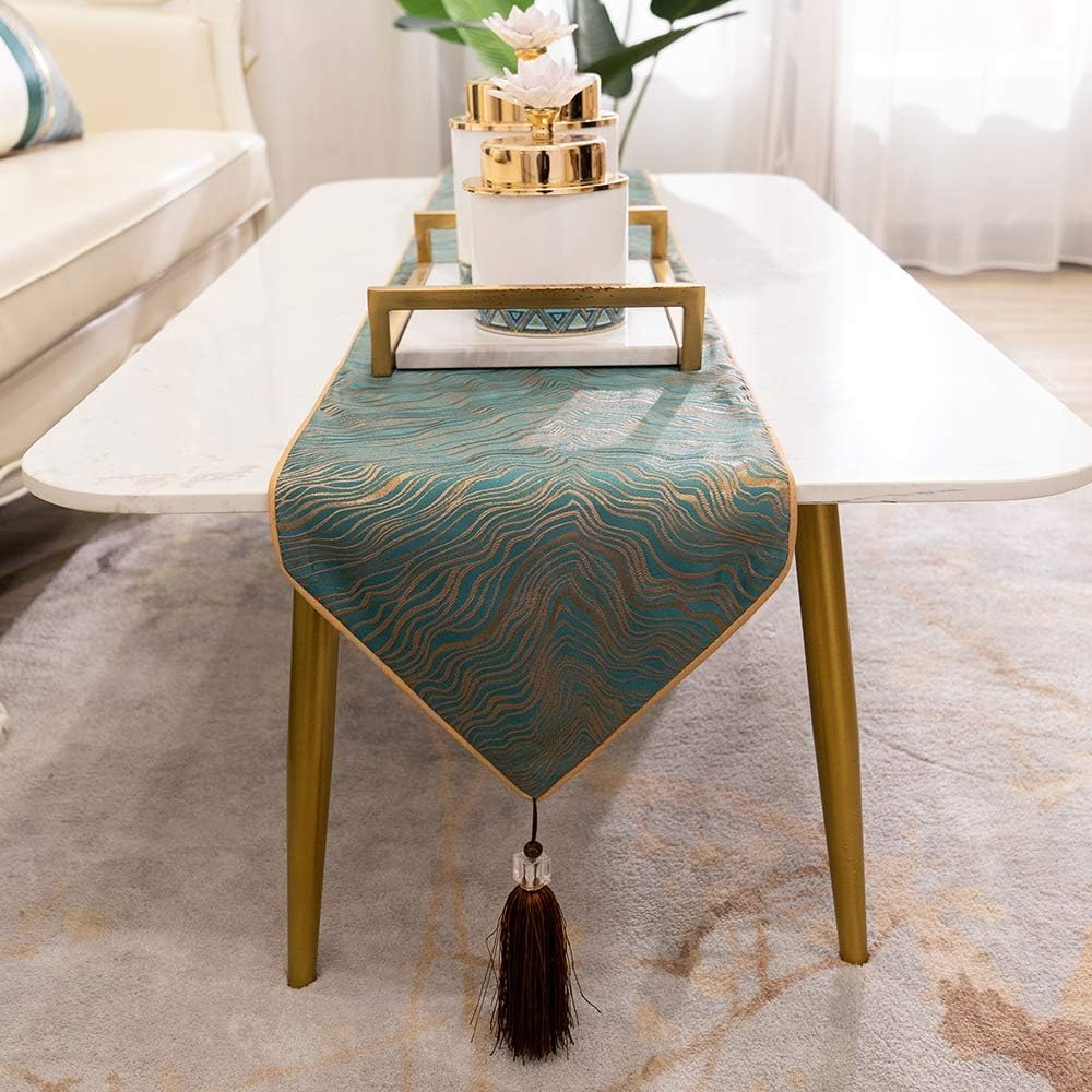 Avigers 12 x 72 Inch Decorative Luxury Abstract Striped Green Teal Table Runners with Tassels for Home Living Room Bedroom Art Decor Wedding