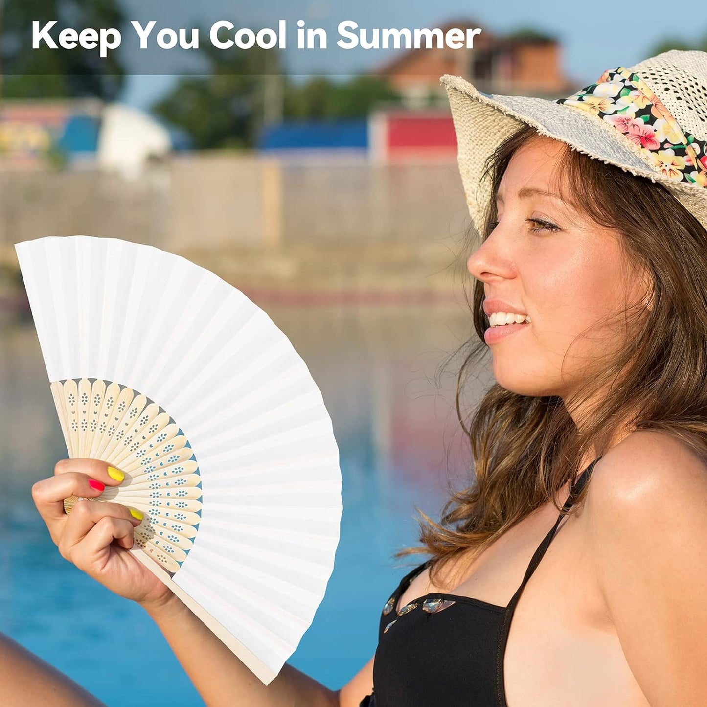 MCEAST 50 Pieces Silk Folding Fan with Bamboo Frames, Handheld Fan Folding Hand Fan Foldable Fan for Wedding Gifts, Party Favors, Home Decoration, White