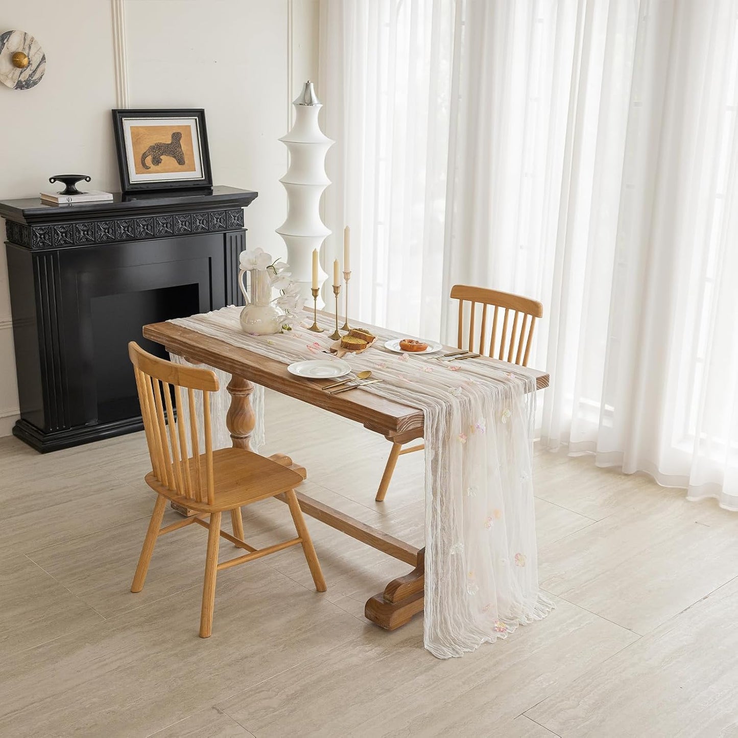 Romantic Artificial Floral Table Runner 10ft Gauze Tulle Lace Table Runner Set for Wedding Baby Shower Bridal Shower Holiday Kitchen Dining Table Decoration for Home Party Special Occasion