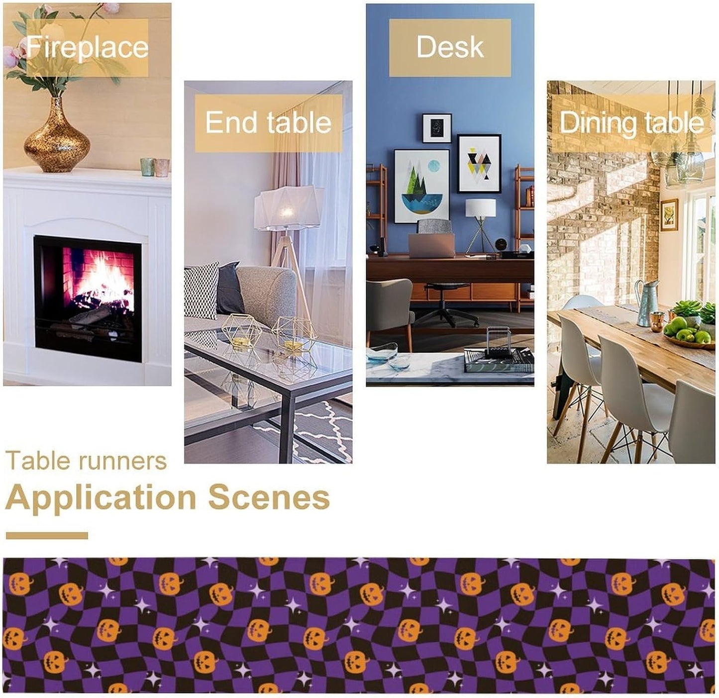 Halloween Table Runner,Purple Checkered Pumpkin Table Runner for Kitchen Dining Table Decoration Home Party Decor 13x60 Inch