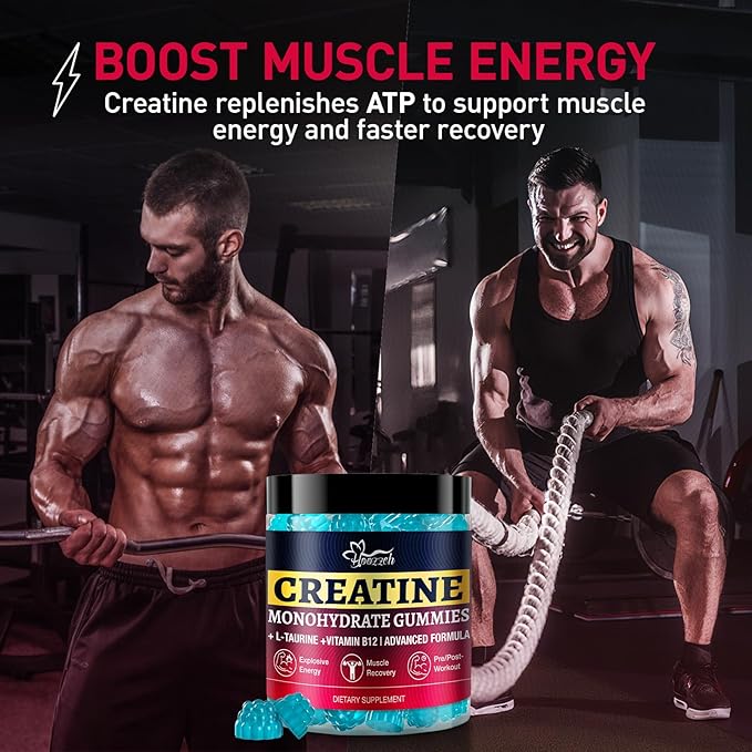 Creatine Monohydrate Gummies for Men & Women, Creatine Supplement, Chewables Creatine Gummy, Gluten-Free, Blueberry Flavor, 60 Count