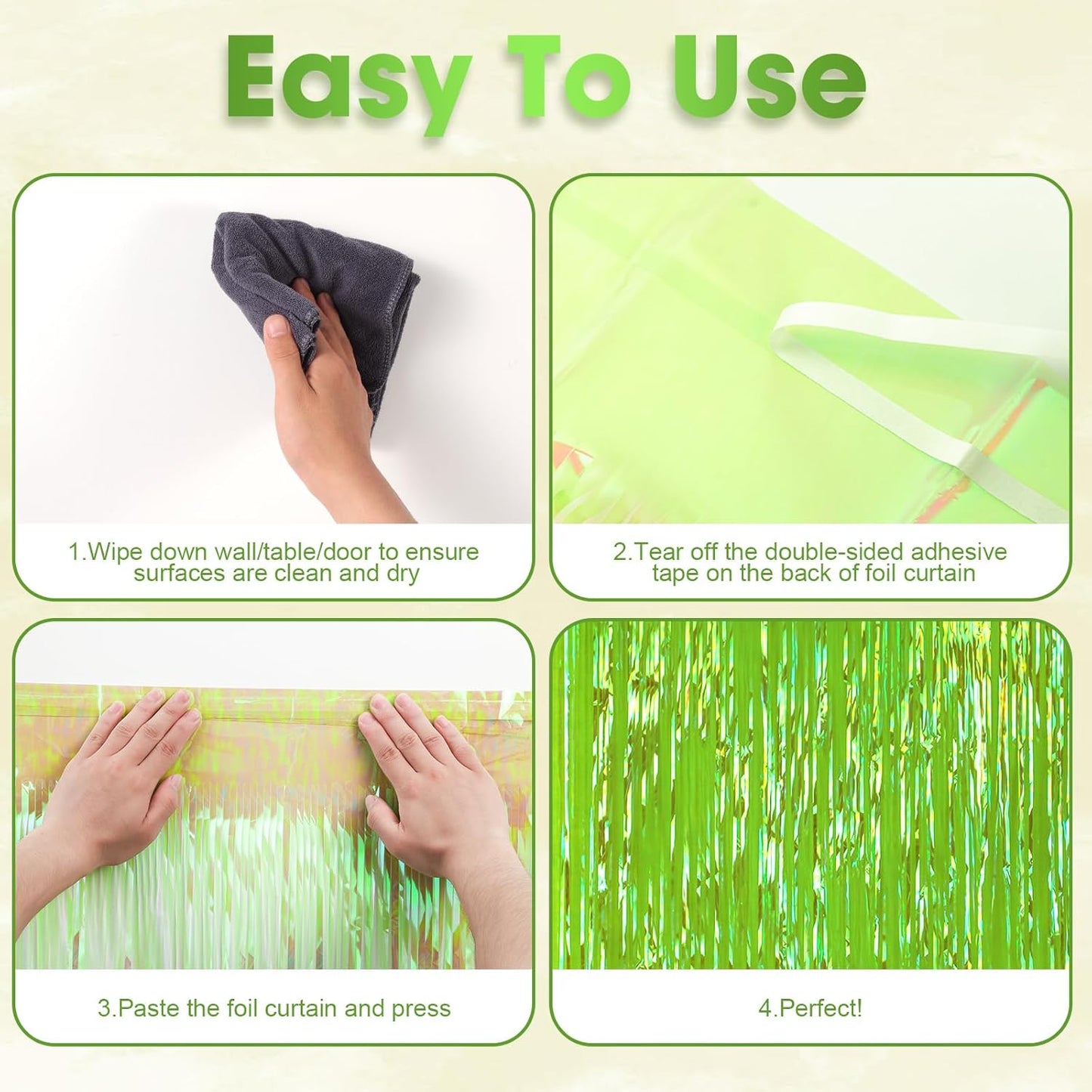 2 Pack Green Iridescent Tinsel Foil Fringe Curtains, Neon Party Decorations, Metallic Tinsel Party Streamers Backdrop for Birthday Baby Shower Halloween Wedding Party Decorations