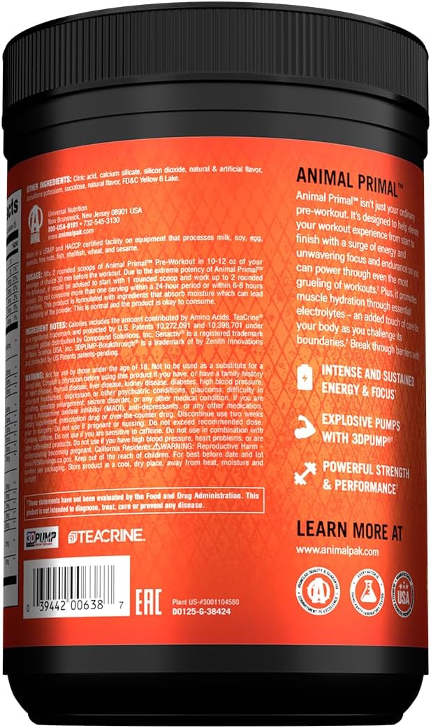 Animal Primal Muscle Hydration + Preworkout Powder – Contains Beta Alanine, 3DPump, Caffeine & Electrolytes – Improves Energy, Focus, Endurance & Absorption – New Wick’d Peach Flavor, 16.75 oz