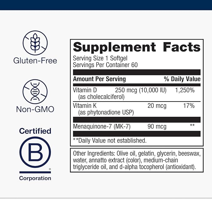 Metagenics Vitamin D3 + K - for Artery Health, Immune Support, Bone & Heart Health* - Vitamin D with MK-7 (Vitamin K2) - Non-GMO - Gluten-Free - 60 Softgels - 10,000 IU