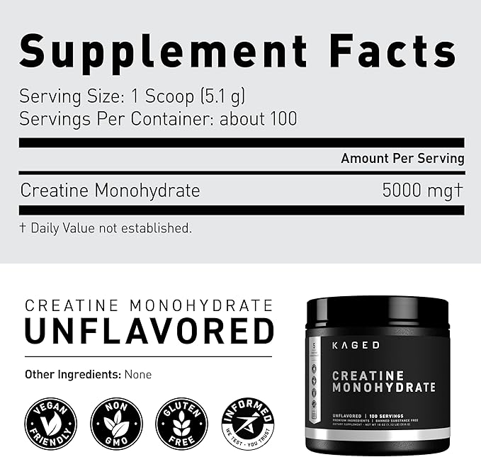 Kaged Creatine Monohydrate Micronized Powder | Unflavored | Muscle Building & Recovery | 5000 mg Per Serving | Vegan, Gluten Free, Easily Digestible | Supplements for Men & Women | 100 Servings
