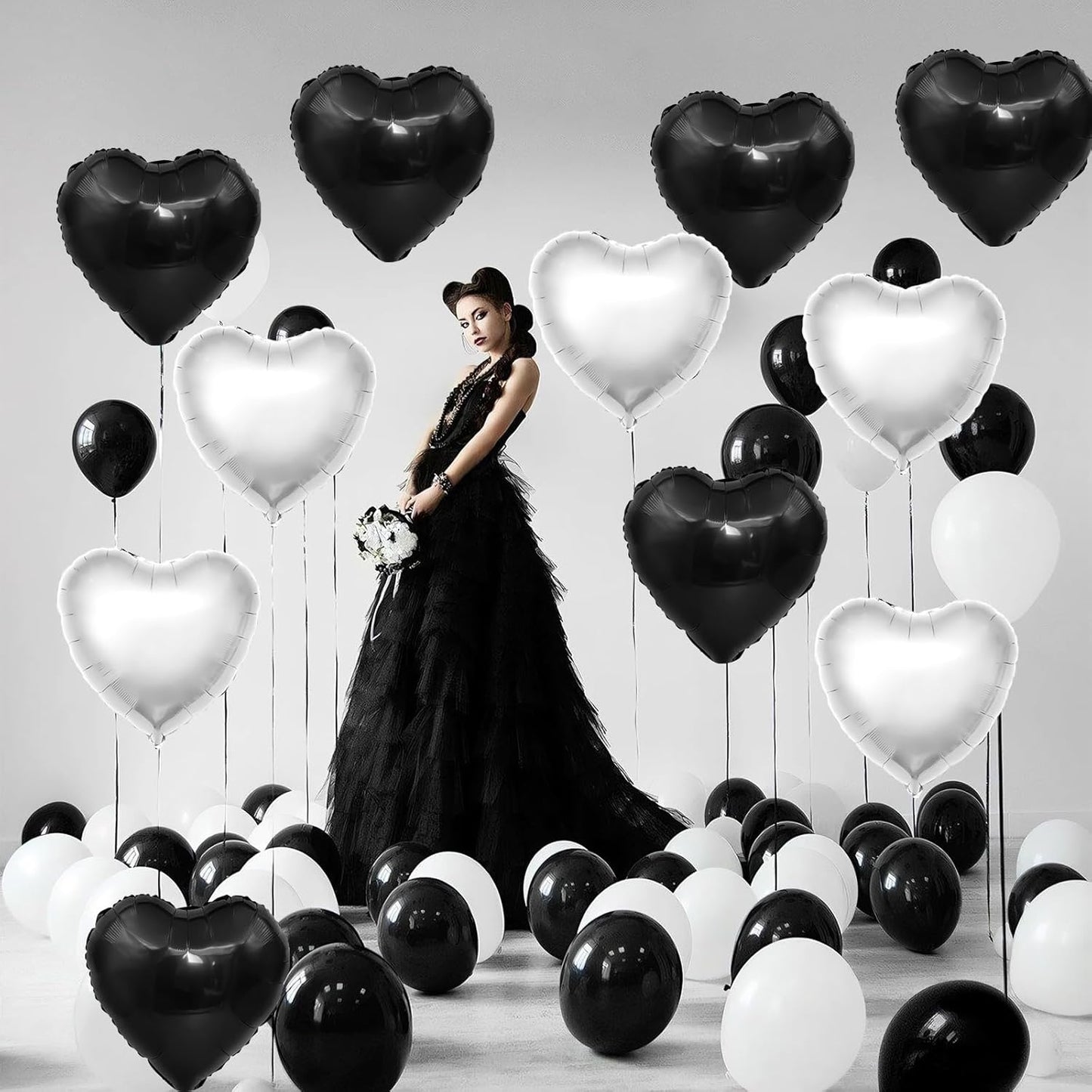 Black Silver Heart Balloons,12Pcs 18Inch Silver Black Heart Shaped Foil Helium Balloons for Baby Shower Birthday Anniversary Wedding Engagement Party Decorations