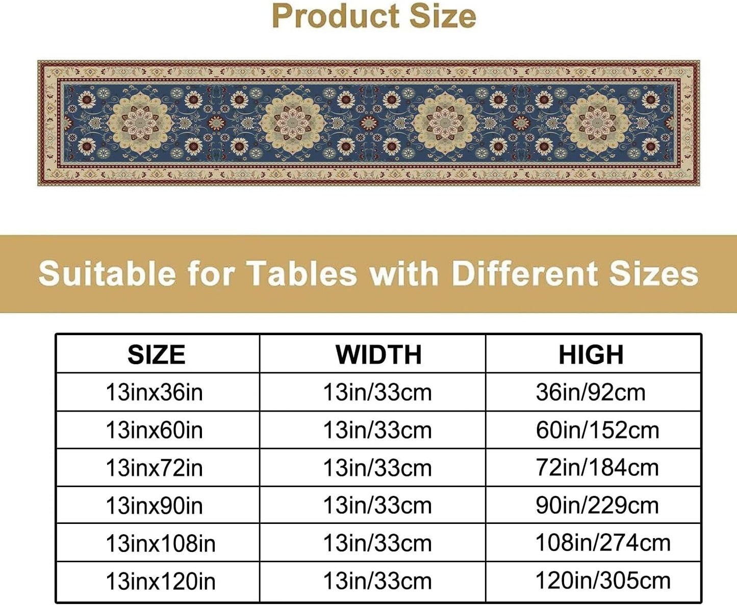 Vintage Boho Floral Table Runner, Elegant Rustic Country Farmhouse Blue Yellow Retro Flower Pattern for Home Kitchen Table Decor Dining Coffee Room Party Decor 13x108in