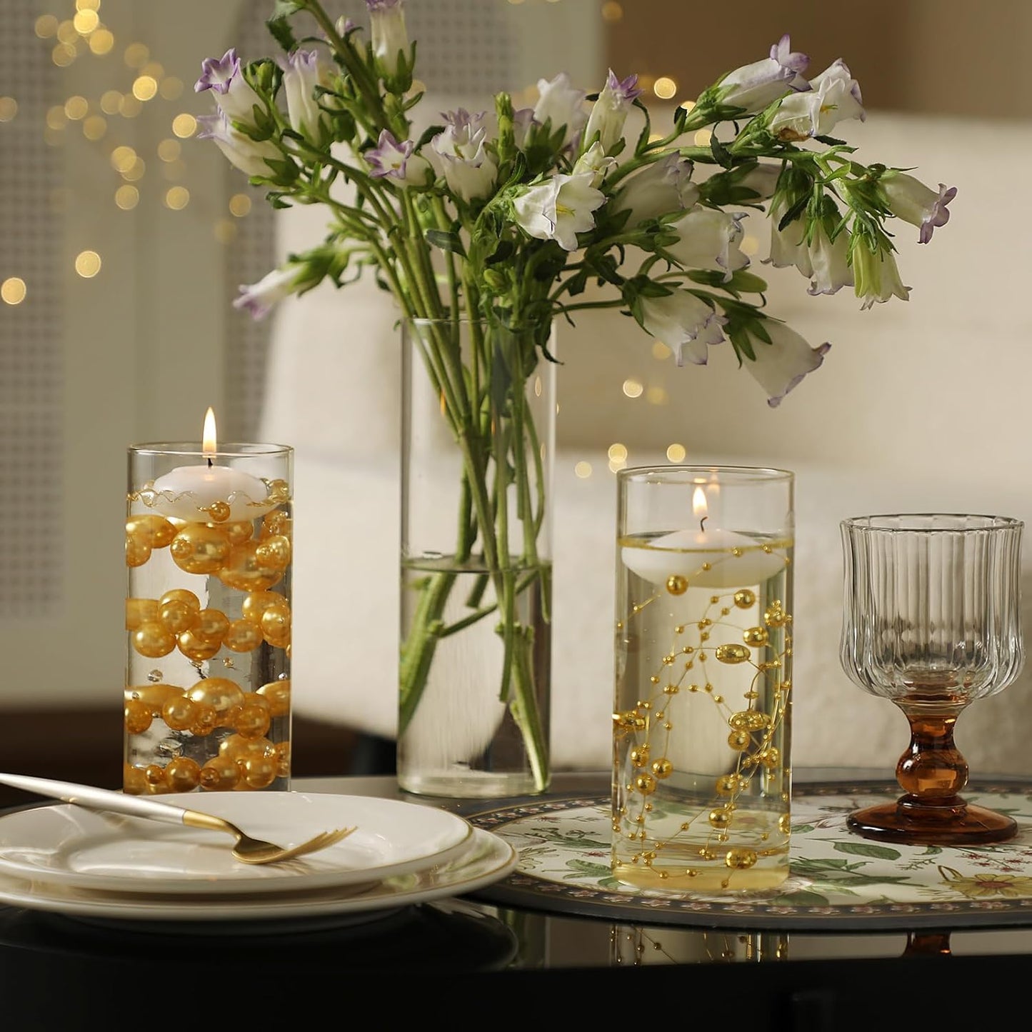 Set of 6 Glass Cylinder Vases for Centerpieces with 4 Pack Vase Filler 6 Pearl String 12 White Floating Candles for Centerpieces, Center Pieces for Table Wedding Party Home Decor 5, 6, 8 Inch