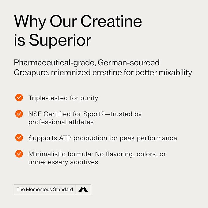 Momentous Creatine Lemon Monohydrate Powder - Creapure Creatine Powder - Supports Strength, Lean Muscle, & Recovery for Men & Women - NSF Certified for Sport - 6.49 g per Serving - 15 Servings