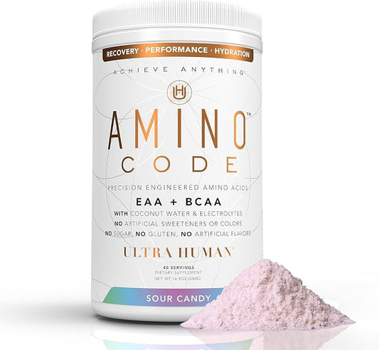 Ultra Human Amino Code | Essential Amino Acids + BCAAs + Coconut Water Electrolytes | Fast Hydration Workout Recovery Flavored Amino Energy Powder Drink | Clean Formula, 40 Servings - Sour Candy
