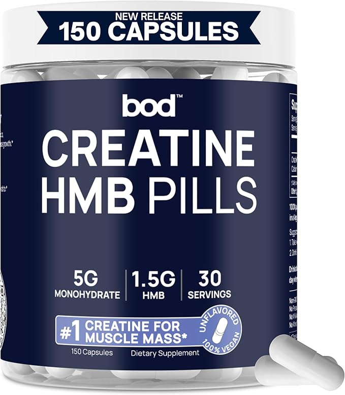 BOD Creatine HMB Capsules, Creatine Monohydrate Powder with HMB for Muscle Growth, Increased Strength, Energy, and Performance - No Bloat, No Load, Unflavored, Vegan, 150 Capsules, 30 SVG