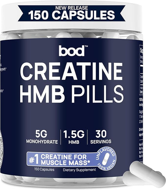 BOD Creatine HMB Capsules, Creatine Monohydrate Powder with HMB for Muscle Growth, Increased Strength, Energy, and Performance - No Bloat, No Load, Unflavored, Vegan, 150 Capsules, 30 SVG