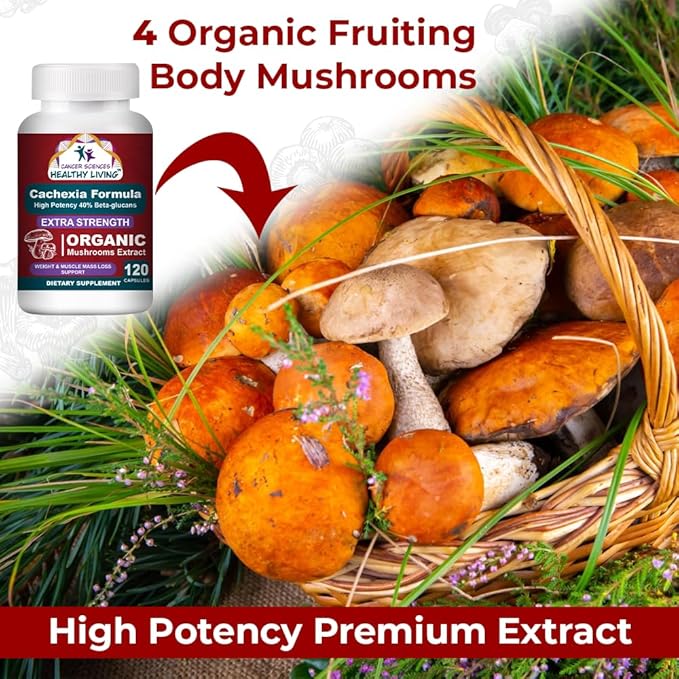CANCER SCIENCES Cachexia Supplement, USDA Certified Organic Mushrooms Extract Capsules, Extra Strength 1,500 mg, High Potency 40% Beta-Glucans, Immune & Metabolic Support, Weight & Muscle Mass Support