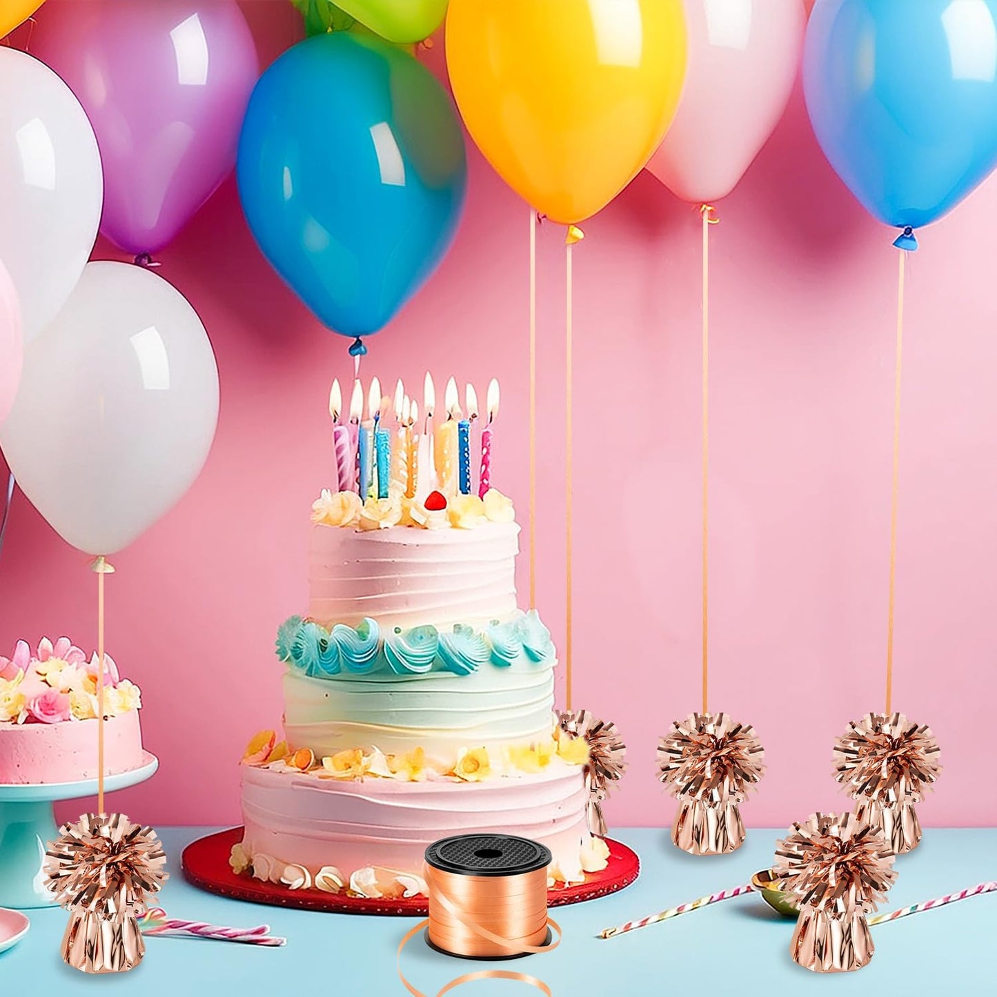 24 PCS Balloon Weights Metallic Anchor, Balloon Holder Heavy Weights with 1 Roll Rose Gold Crimped Ribbon for Balloons Table Party Favor Birthday Decor(Rose Gold)