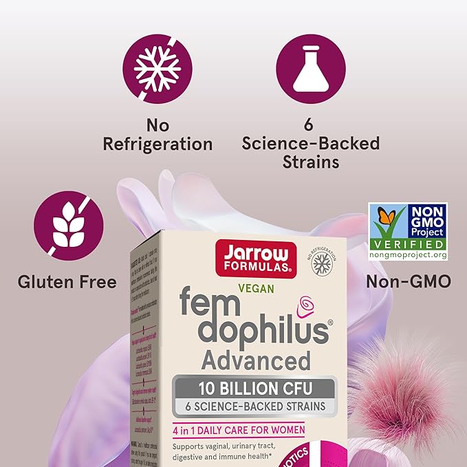 Jarrow Formulas Fem-Dophilus Advanced Vaginal & Digestive Probiotics 10 Billion CFU With 6 Clinically-Studied Strains, For Vaginal, Urinary Tract, Digestive & Immune Support, 30 Capsules, Shelf-Stable