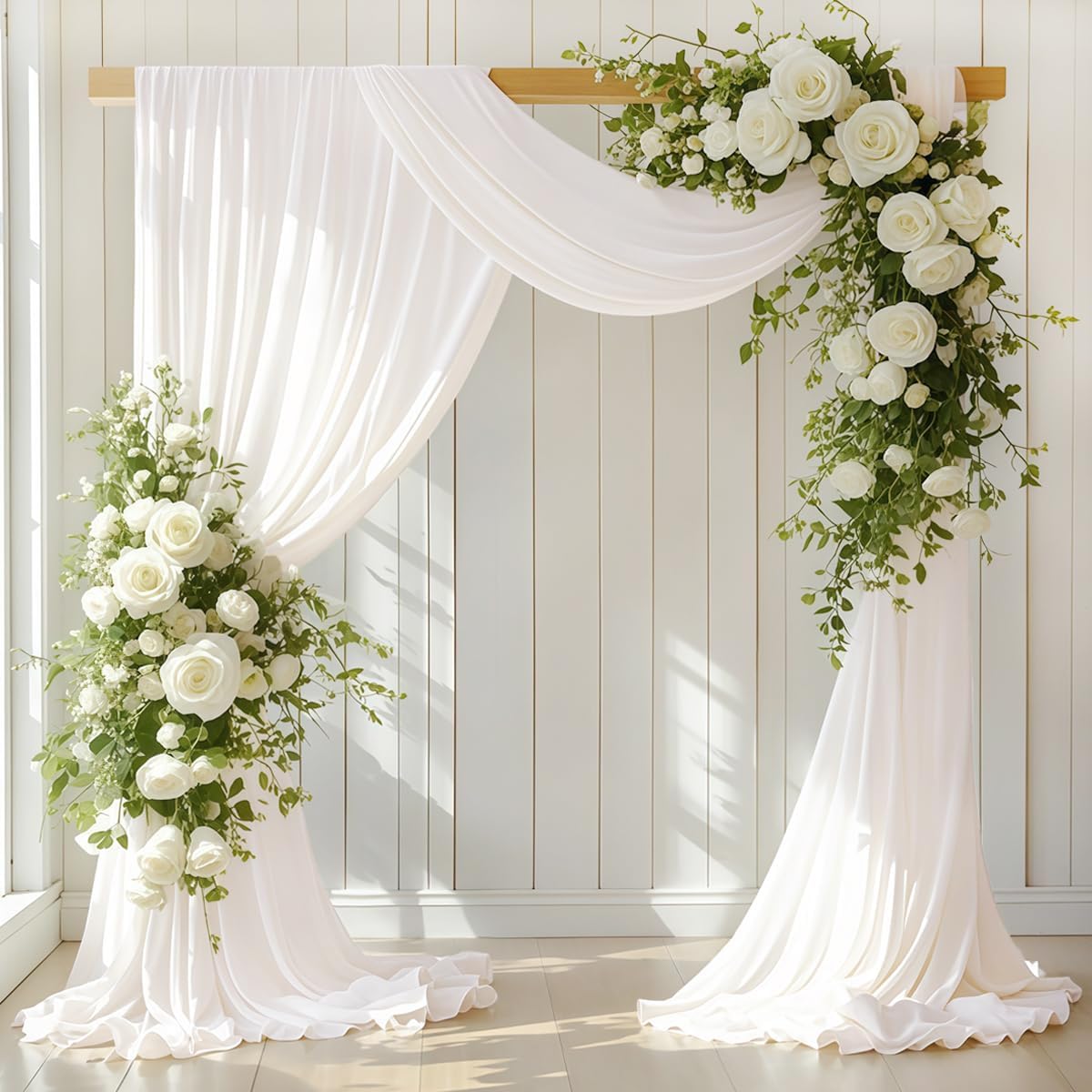 Ivory Wedding Arch Draping Fabric 4 Panels 30'' x 18FT Sheer Chiffon Arch Drapery for Photo Booth Bridal Shower Baby Shower Church Decor Newborn Photography Christening Outdoor Party