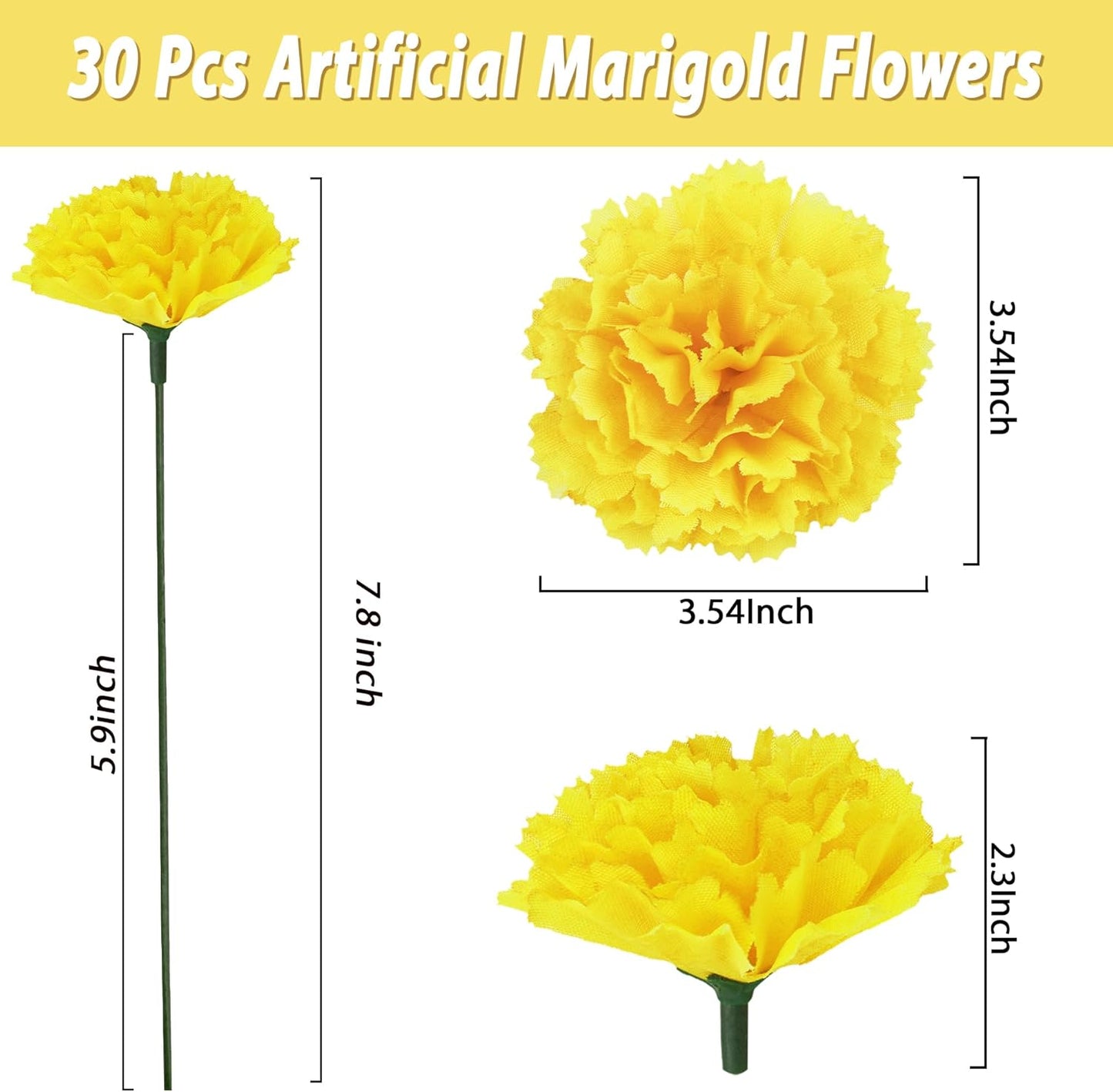 30 Pcs Artificial Marigold Flowers,3.54" Silk Marigold Flower Heads with Stems,Yellow Flowers Artificial for Diwali Decor,Indian Wedding,Home,DIY Wreath Garland,Day of The Dead Decorations