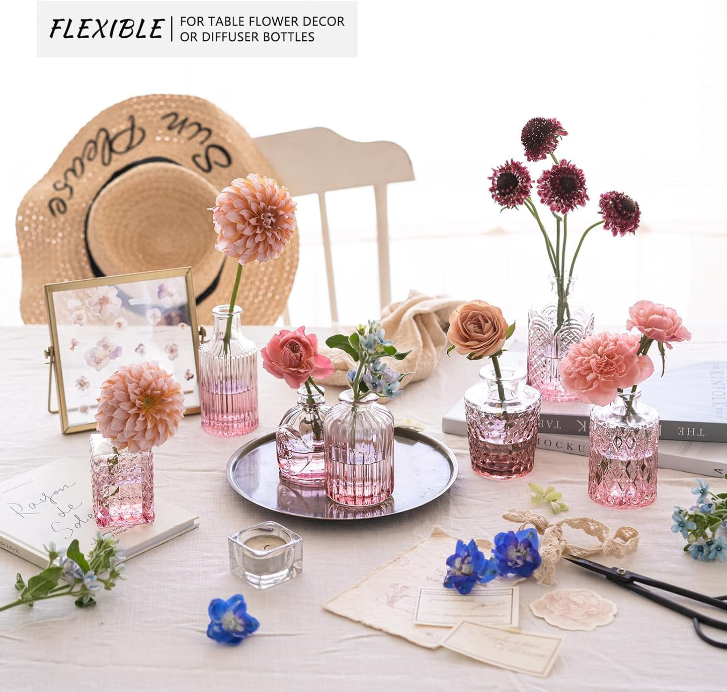 12Pcs Glass Bud Vase Set, Small Flower Vase for Centerpieces, Pink Bud Vases in Bulk, Mini Vintage Vase for Rustic Wedding Decorations