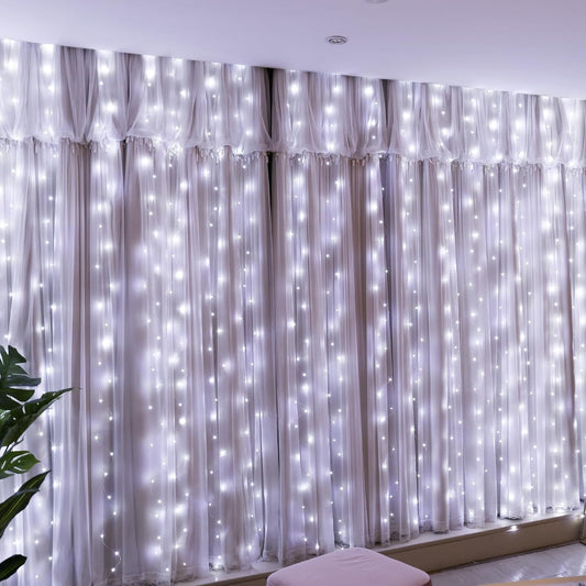 HXWEIYE 300LED Fairy Curtain Lights, 9.8x9.8Ft USB Plug-in 8 Modes Christmas String Hanging Lights with Remote for Bedroom Backdrop Wedding Party Indoor Wall Decor, White