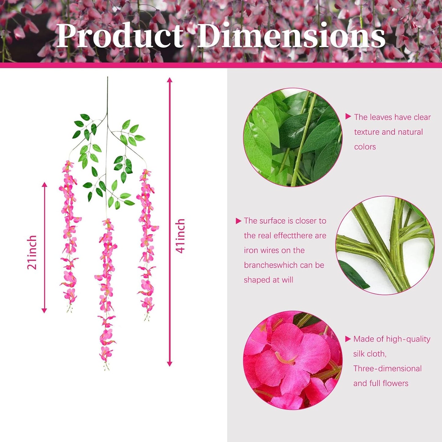 5 Pack Fuchsia Wisteria Hanging Flowers, 3.44 Ft Fake Hanging Flowers, Artificial Wisteria Garland Vines for Wedding Room Backdrop Outdoor Patio Garden Decoration