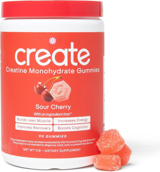 Create Creatine Monohydrate Gummies for Men & Women | 1.5g Creatine per Gummy for Muscle Strength, Endurance, Recovery, & Focus | Vegan, Non-GMO, Gluten-Free | Premium Sour Cherry Flavor | 90 Count