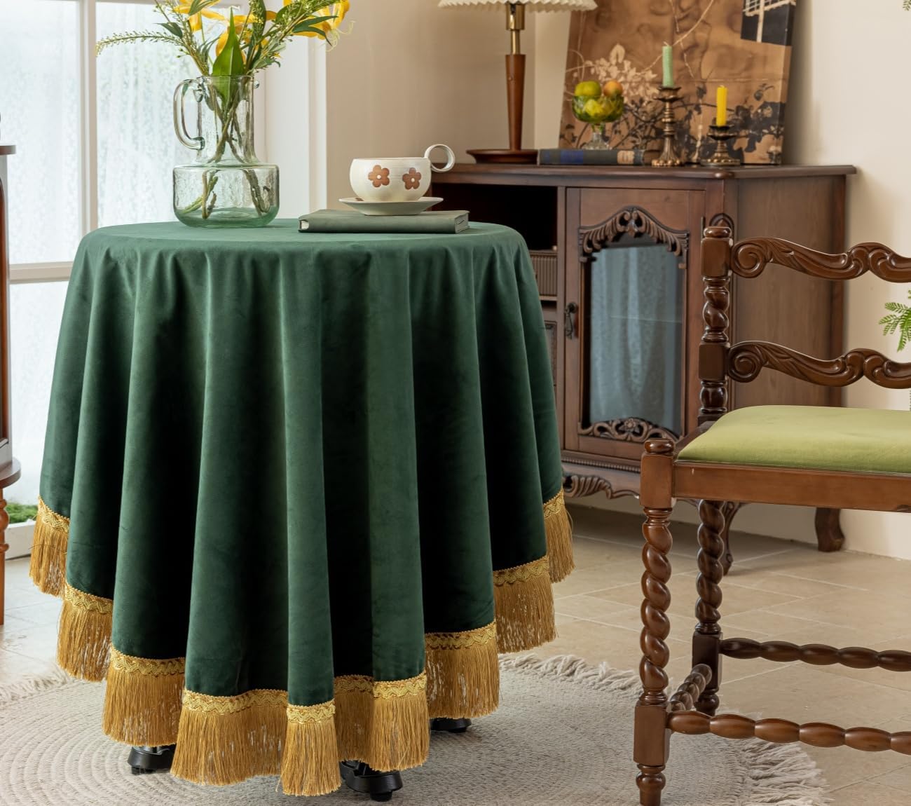 F-CHU Luxury Green Tablecloth Thickset Velvet Tablecloth with Beautiful Gold Tassels Vintage Table Cloth for Home Decor Wedding, Party, Banquet and Events 48" Round