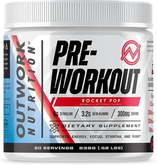 Outwork Nutrition Pre Workout Powder for Men & Women - Pre-Workout Supplements Without Creatine, Nootropic Preworkout with Citrulline Malate Beta Alanine Taurine Rhodiola Caffeine (Rocket Pop)