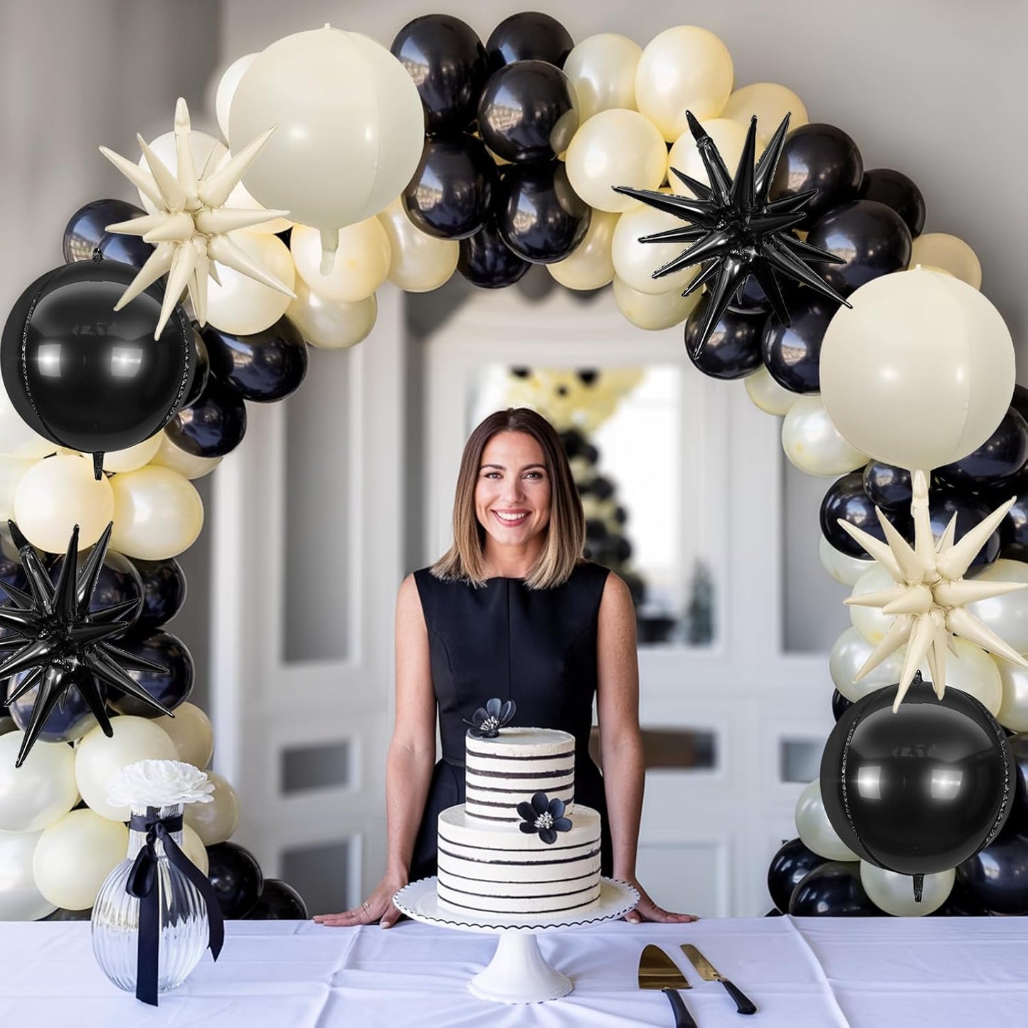 6Pcs Black White Foil Balloons,22Inch Sand White Black 4D Round Ball Balloon and Explosion Star Balloon for Birthday Wedding Baby Shower Anniversary Decorations