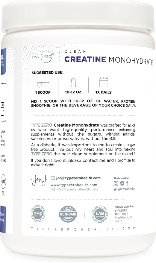 Type Zero Creatine Monohydrate (Unflavored | 500g), 5000 mg Per Serving, Micronized, Zero Sugar, Keto Friendly & Gluten Free, 100 Servings
