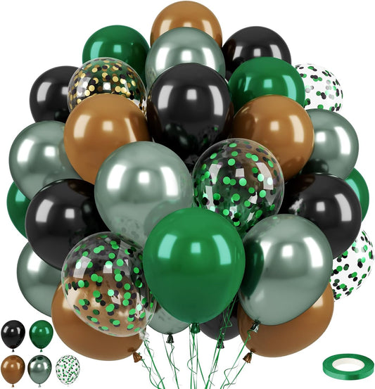 Paready Green and Brown Balloons, 50 Pcs Dark Green Black Confetti Balloon Retro Coffee Metallic Balloons Helium for Boys Camping Game Army Jungle Theme Camo Birthday Baby Shower Party Decorations