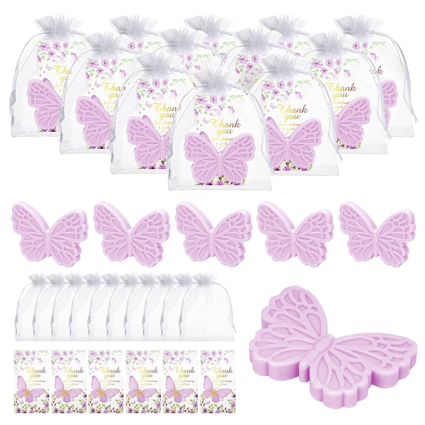 50 Sets Butterfly Baby Shower Favors for Guests Butterfly Soap Favors Handmade Scented Soap with Thank You Cards Organza Bags for Gender Reveal Baptism Decorations Wedding Bridal Gift (50, Purple)