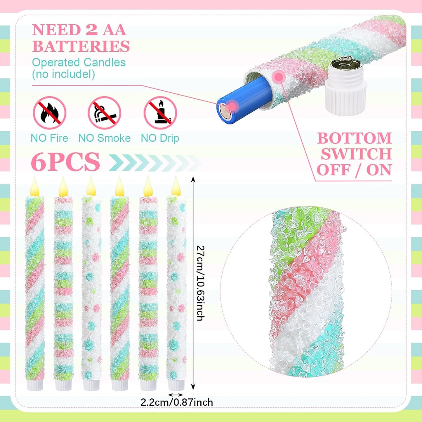 Baquler 6 Pcs Candy Theme Flameless Taper Candles 10.6 Inch Colorful Candy Strip and Polka Dots Candles Battery Operated LED Christmas Candlesticks for Xmas Centerpiece Holiday Party Home Decor