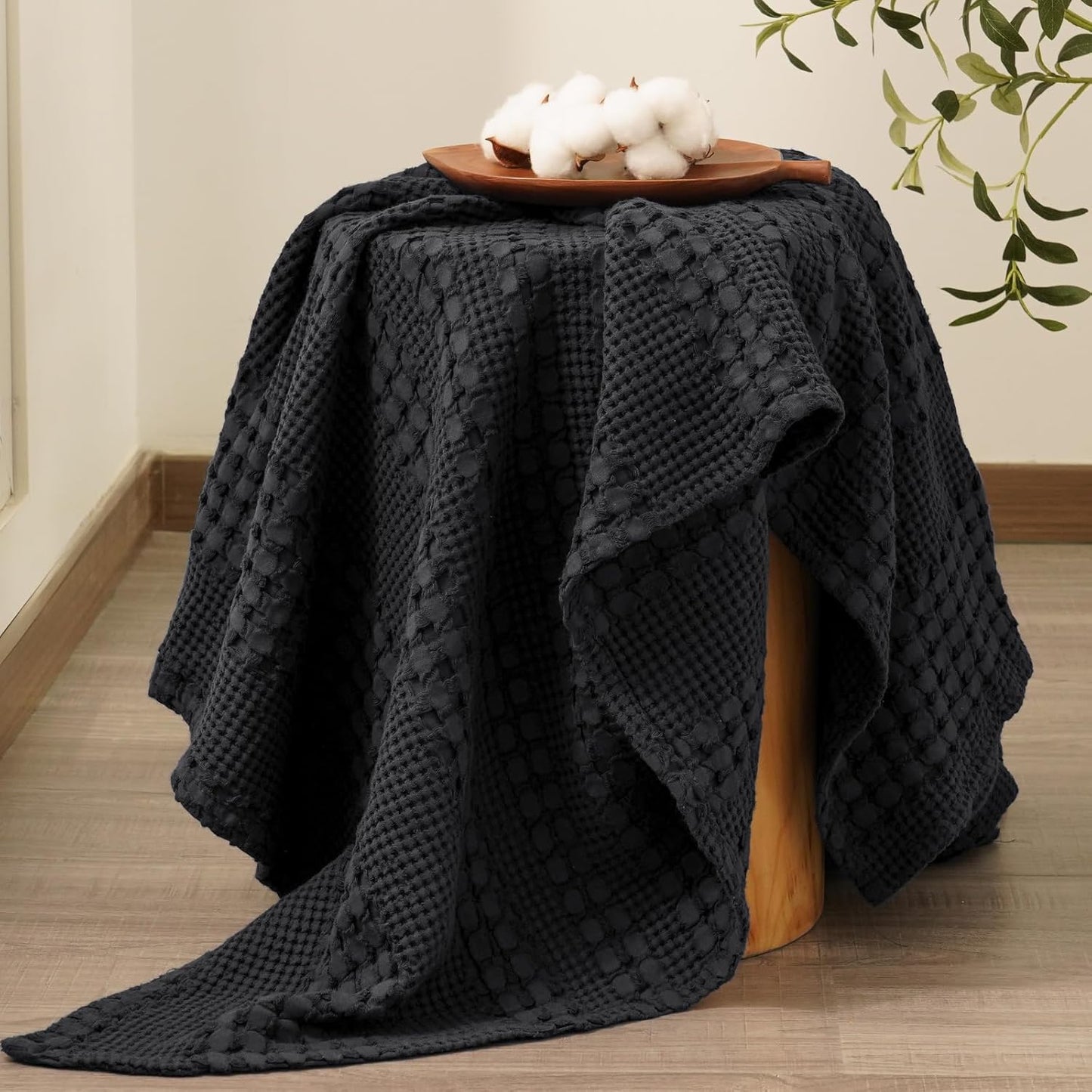 PHF 100% Cotton Waffle Weave Throw Blanket, Soft Lightweight Breathable Cozy Throws for Couch Bed Sofa, Luxury Aesthetic Woven Blanket for Home Decor & Office, 50"x60", Black