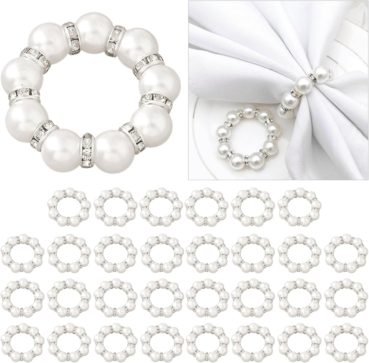 30Pcs Pearl Napkin Rings, Round Napkin Buckles Wedding Beaded White Napkin Rings Silver Napkin Ring Holder for Formal Dinner Reception Party Banquet Table Decor (Sliver)
