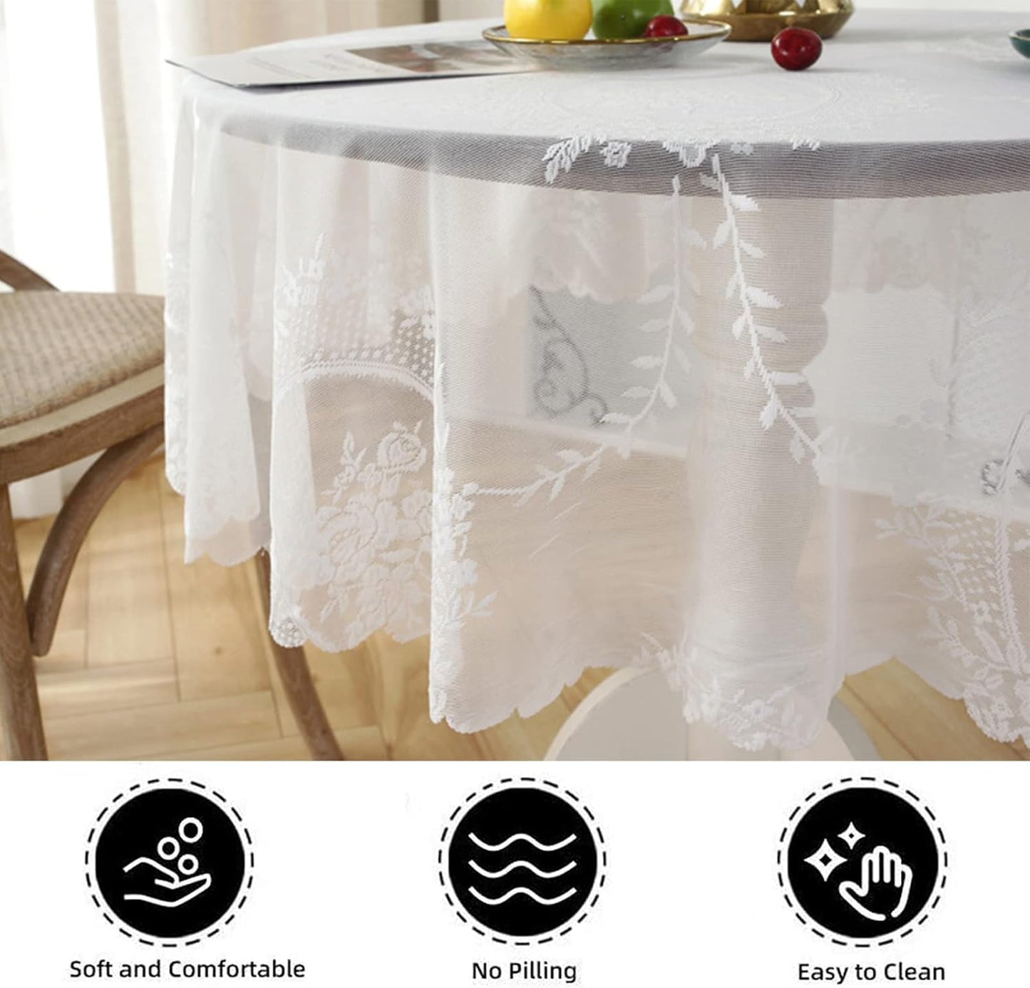 Jeloris Round Lace Tablecloth with Elegant Scalloped Bottom for Any Special Event Such as Wedding, Birthday Party, Baby Shower, Anniversary (70 inch, Style 6)