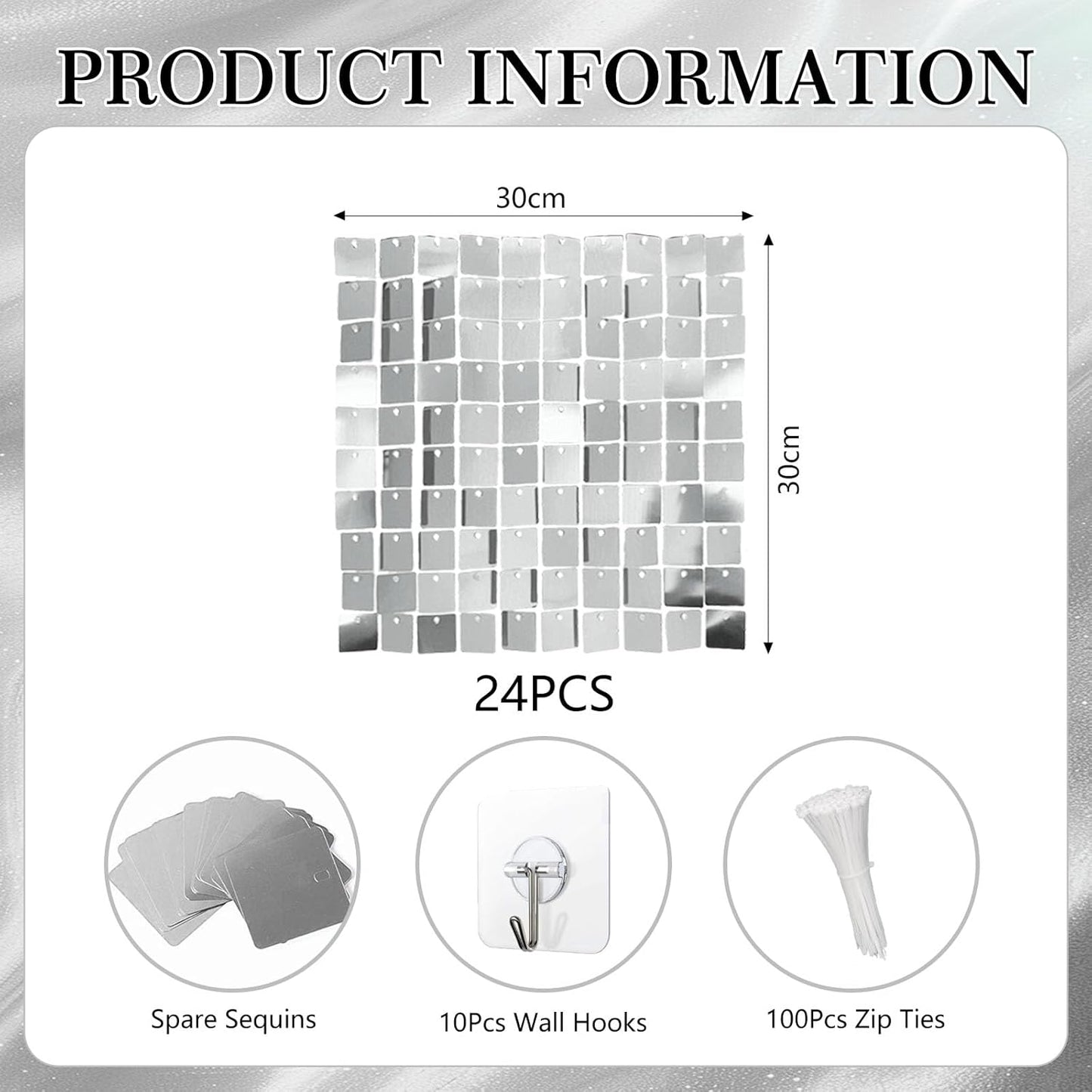 24PCS Silver Shimmer Wall Backdrop, Square Sequin Backdrops Panel, Glitter Wall Background for Birthdays, Weddings, Christmas, Engagements, Disco Bachelorette Party Decoration (4FTx6FT)