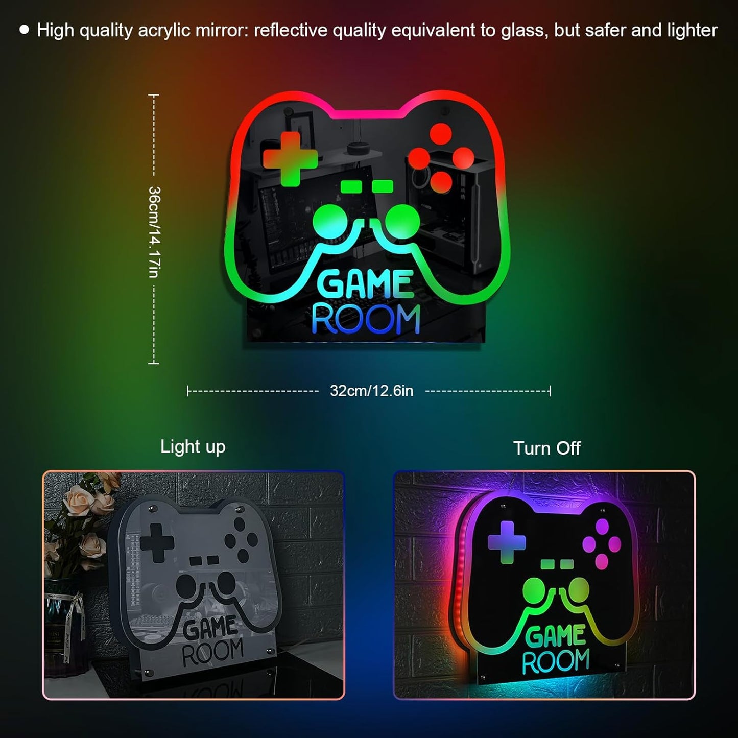 Ineonlife Game Room Controller Neon Sign Mirrored Colorful LED Lights for Gaming Room Decor Light Up Signs for Teen Boy Bedroom Decoration Best Gift for Kids 12.6 x 14.17 inches USB Powerd