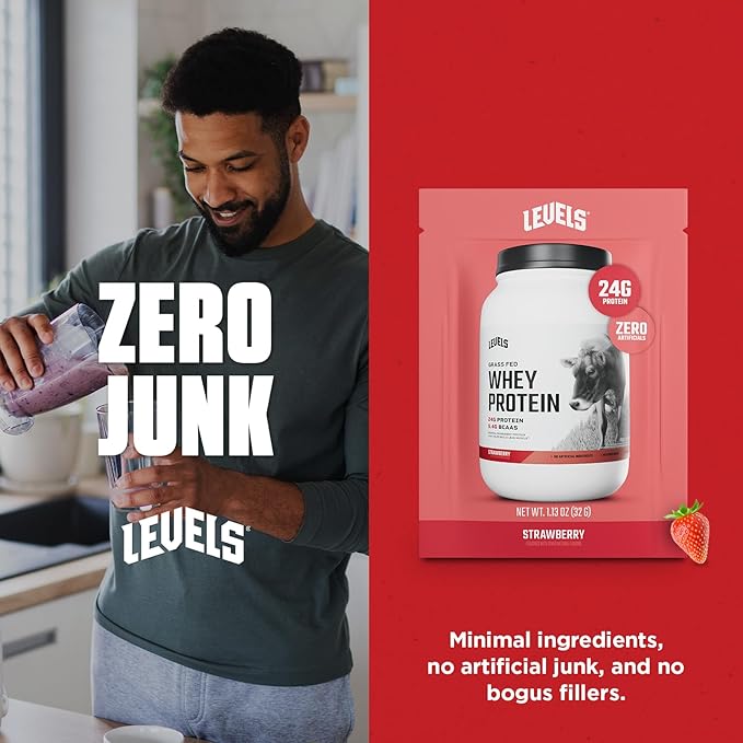 Levels Grass Fed Whey Protein Powder, No Artificials, 24G of Protein, Strawberry, 12 Count