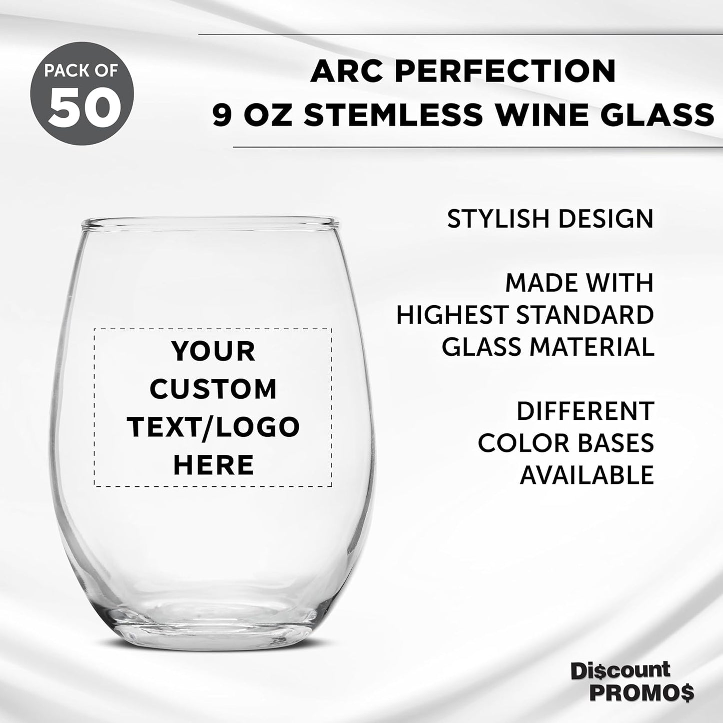 Custom Stemless Wine Glass 9 oz. Set of 50, Personalized Bulk Pack - Great for Wedding Favors, Bachelorette Party Decorations, Party Favors, Color Bottom - Clear