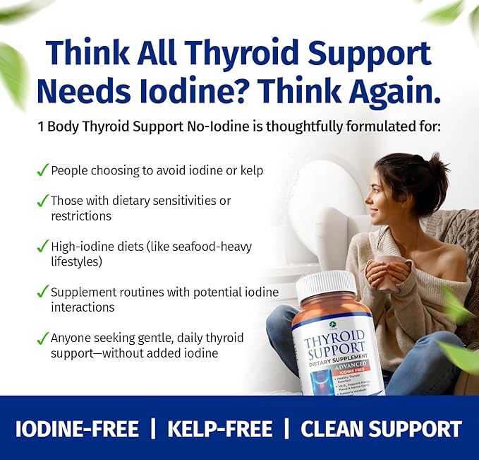 1 Body Thyroid Support Supplement, Iodine-Free, Vegan, with L-Tyrosine and Ashwagandha, 60 Capsules