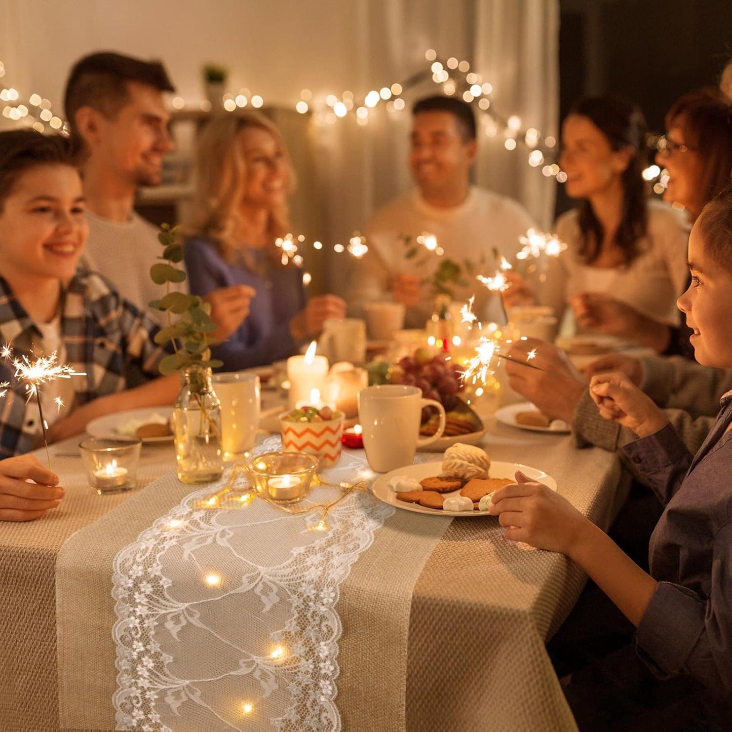 Xinnun 12 Pcs Burlap Table Runner with Lights 12 x 108 Inches Burlap Lace Table Runner Rustic Wedding Decorations Home Party (Vine)