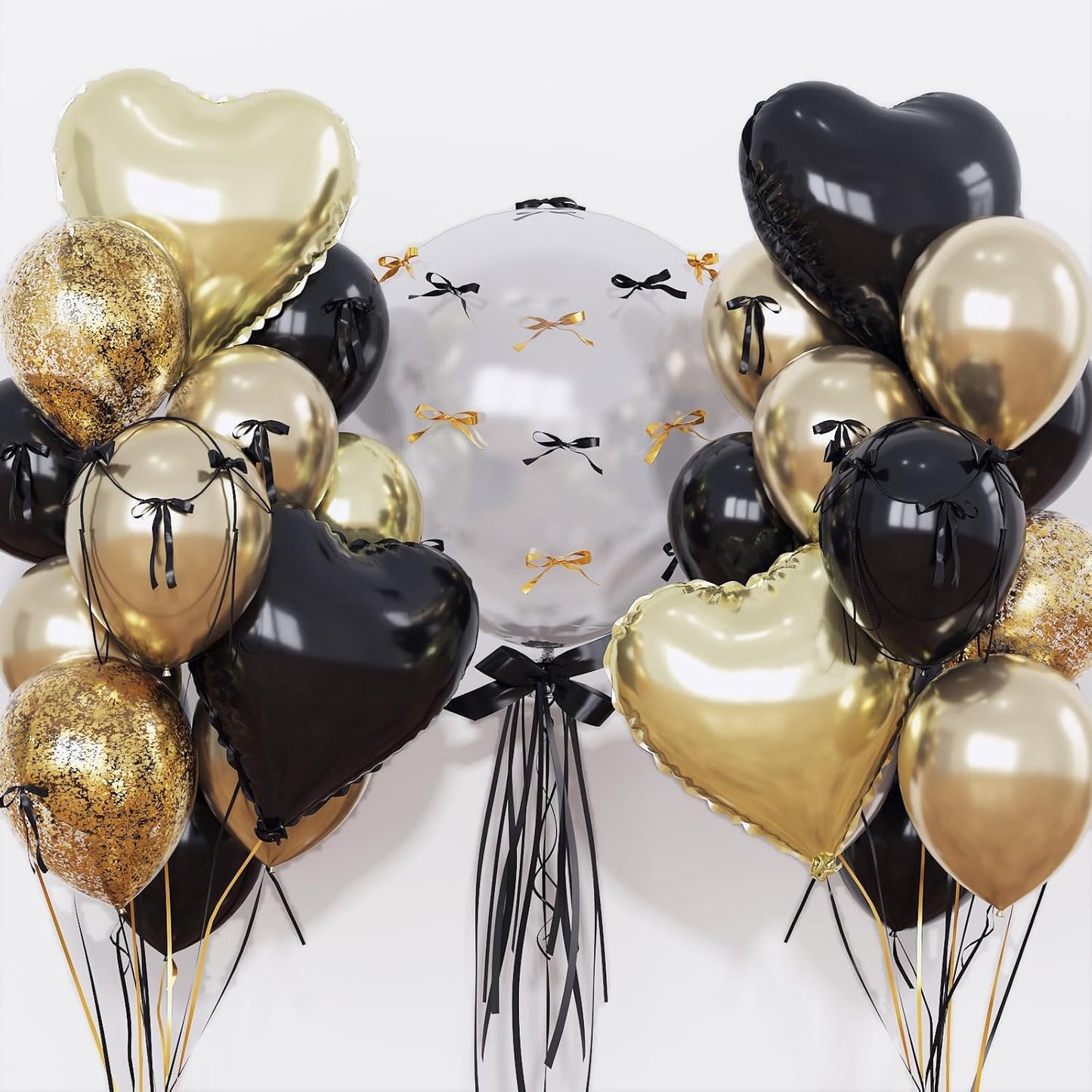 Light Gold and Black Balloons Heart Shape Balloons, Black and Gold Metallic Balloon for Birthday Party Decoration 18 in Clear Confetti Heart Shape Mylar Balloon as Class of 2025 Graduation Prom Decor