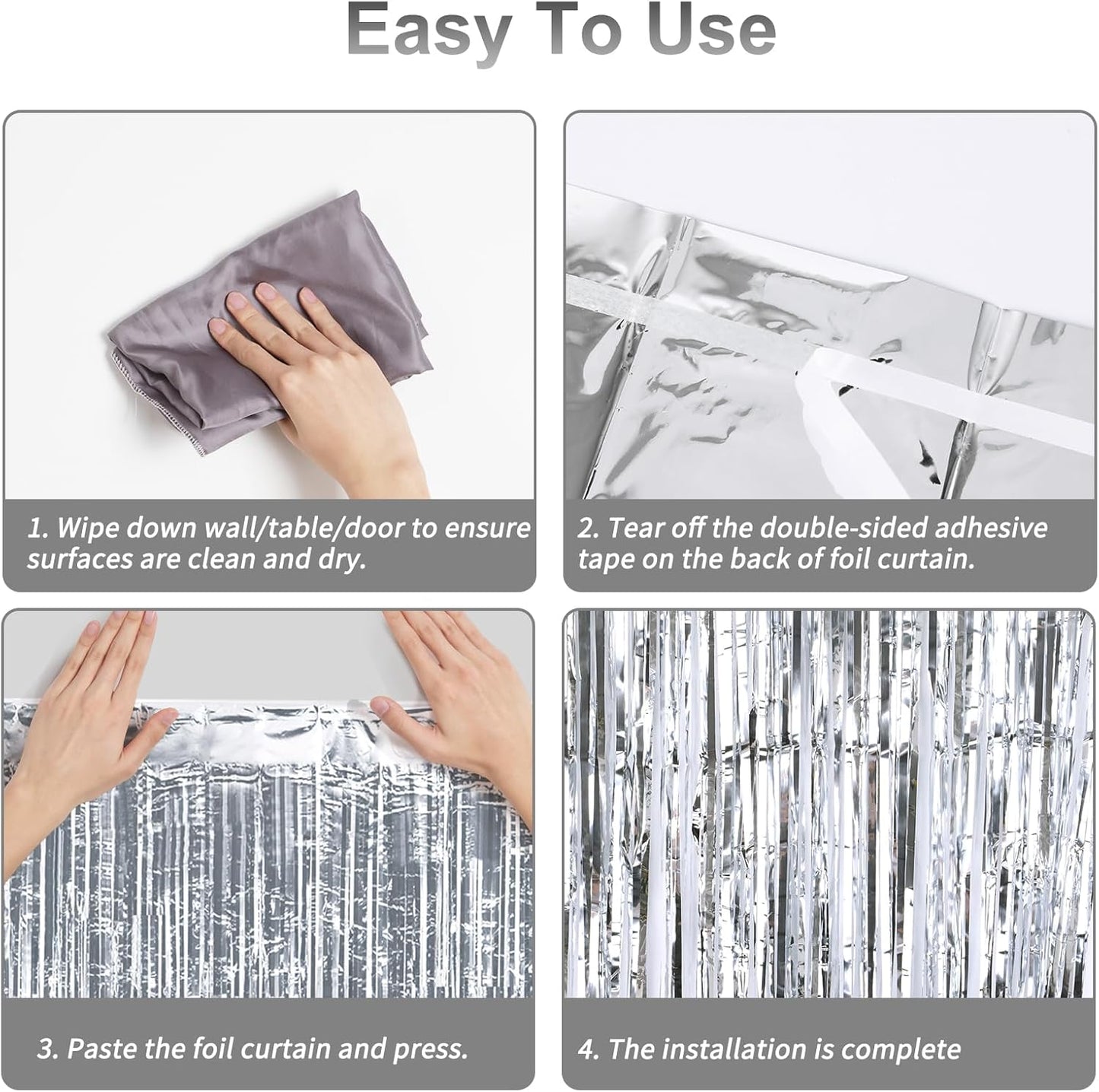 RUBFAC 2 Pack Silver Tinsel Backdrop Party Decorations Foil Fringe Curtains Photo Booth Streamer for New Year Decorations Wedding Birthday Holiday Christmas Celebrations Supplies