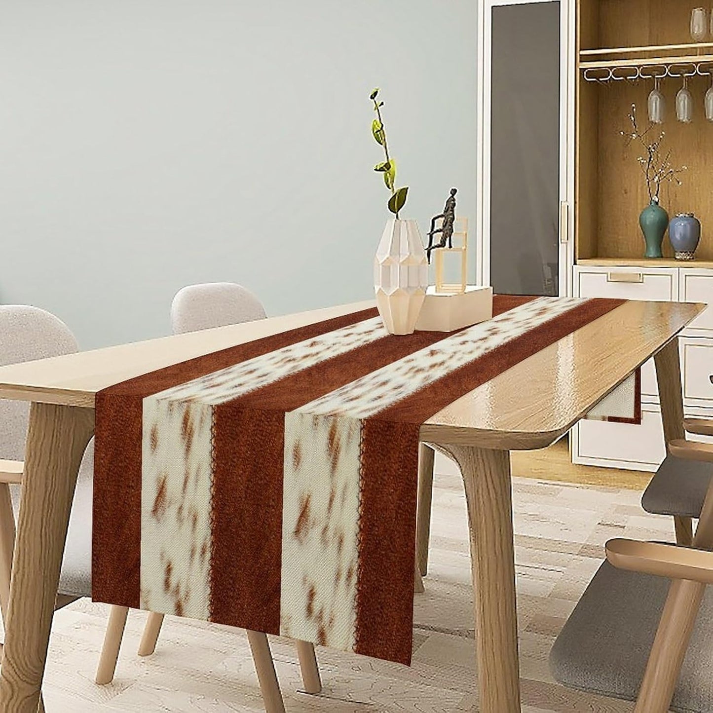 Cow Patchwork Print Table Runner, Brown Country Farm Animal Fur Skin Farm Safari Wildlife Pattern Table Runner for Dinner Dinning Home Kitchen Living Room Party Holidays Setting, 13x70 Inch