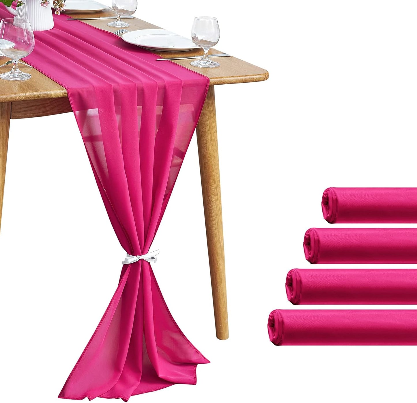 5 Pack 10Ft Fuchsia Chiffon Table Runner Sheer 29x120 Inch for Romantic Wedding Decor Bridal & Baby Shower Birthday Rustic Party Decoration