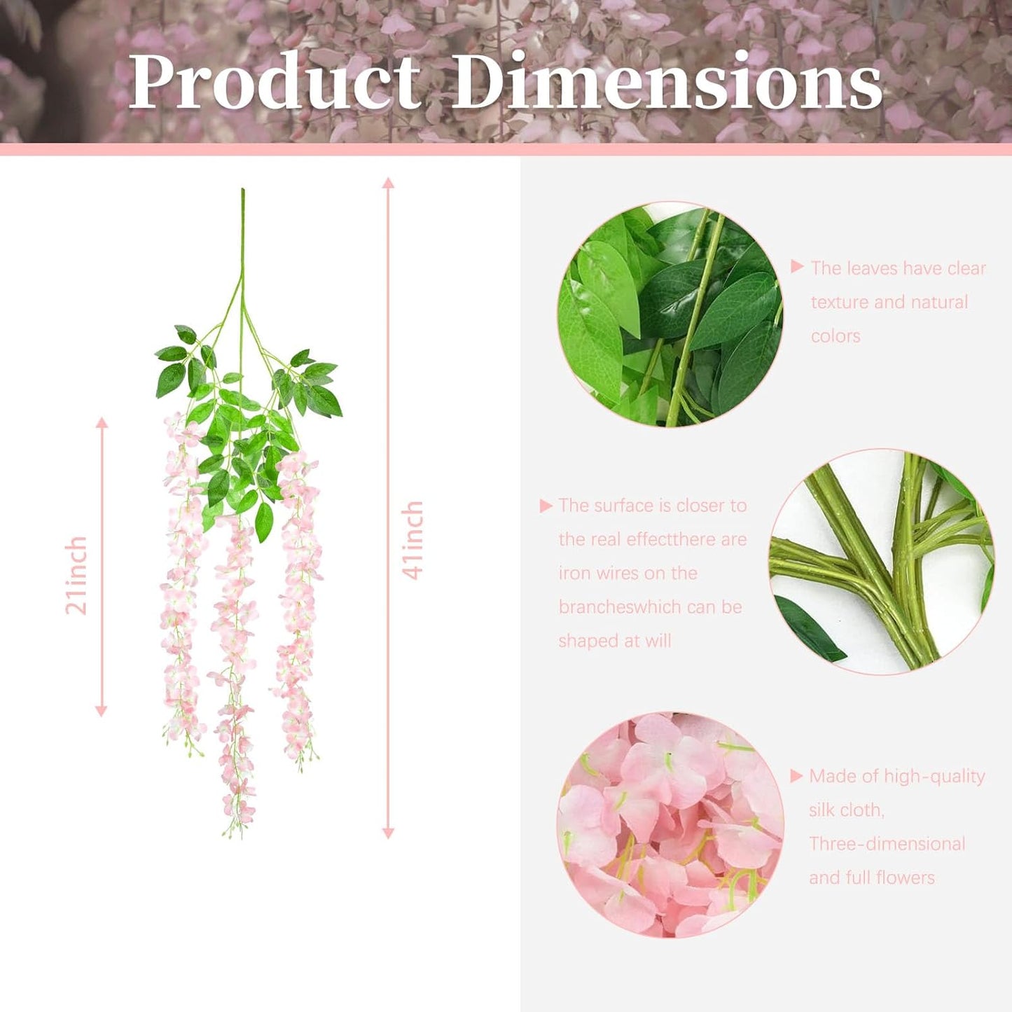 5 Pack Light Pink Wisteria Hanging Flowers, 3.44 Ft Fake Hanging Flowers, Artificial Wisteria Garland Vines for Wedding Room Backdrop Outdoor Patio Garden Decoration