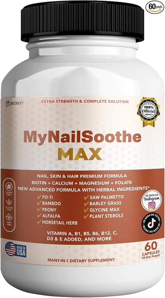 MyNailSoothe MAX Hair, Skin & Nail Supplement, 60 Capsules, with Biotin 5000mcg, Vitamins, Minerals & Herbal Blend (1)